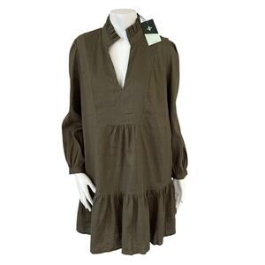 NWT Tuckernuck Olive Green Linen Palmerston Tiered Mini Dress Sz Medium
